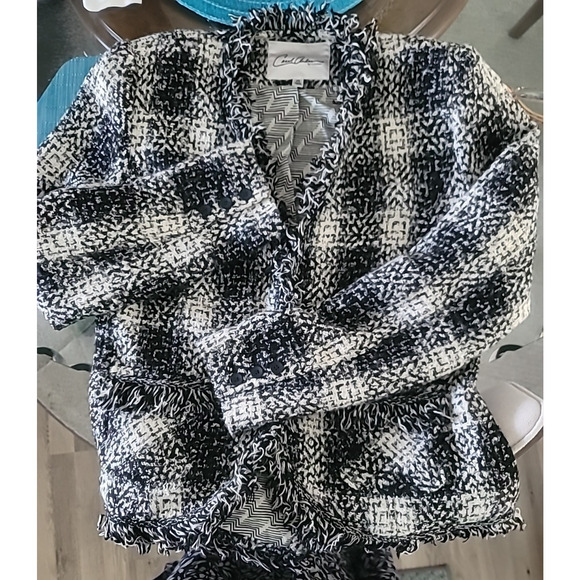 Carol Anderson by Invitation Blazer Jacket Sz 10 Black White Plaid Tweed Fringe - Picture 1 of 16